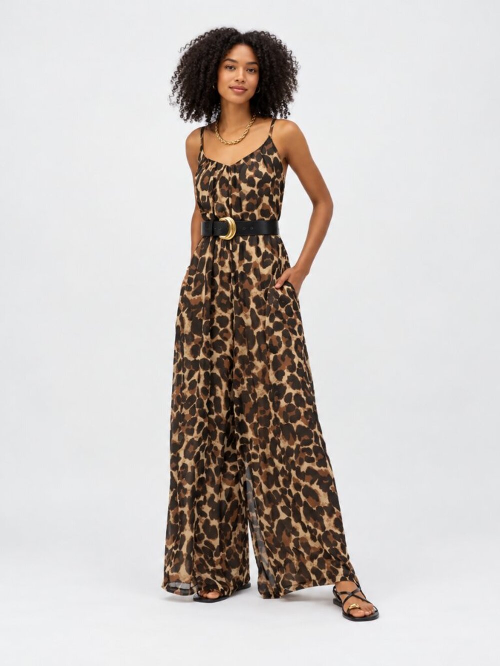 oseph Ribkoff Leopard Print Belted Wide Leg Jumpsuit M 252936